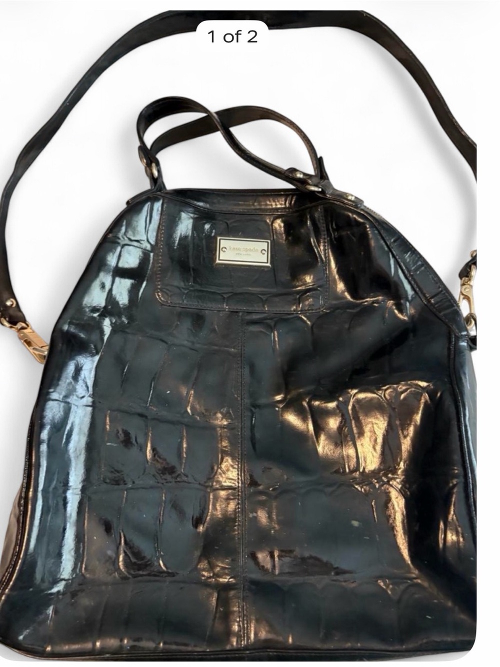 kate spade Black Croc-Embossed Patent Leather Tote with Shoulder Strap